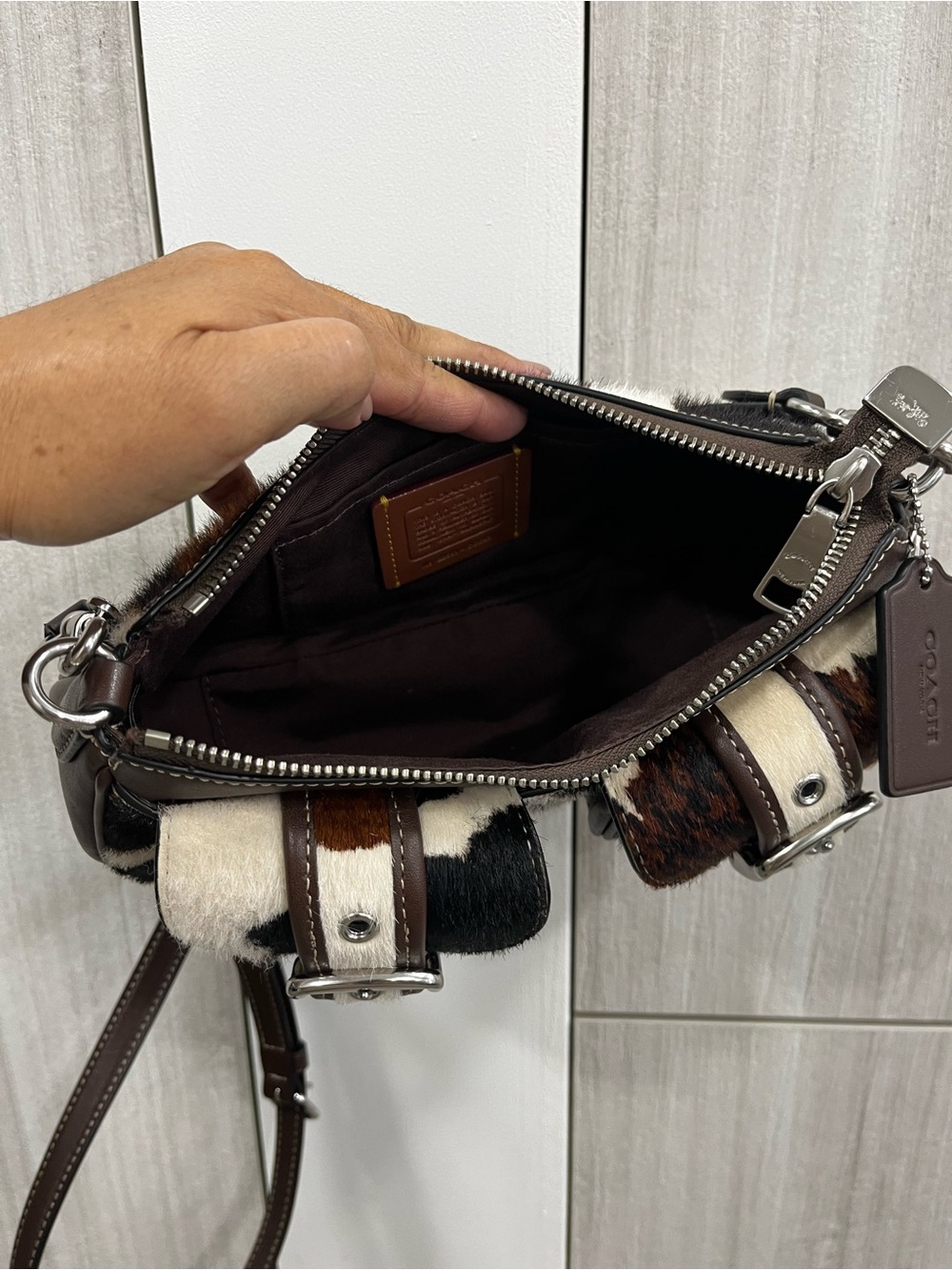 Cowhide Ashton Patch Leather Crossbody Bag in Brown and White - Picture 5 of 12